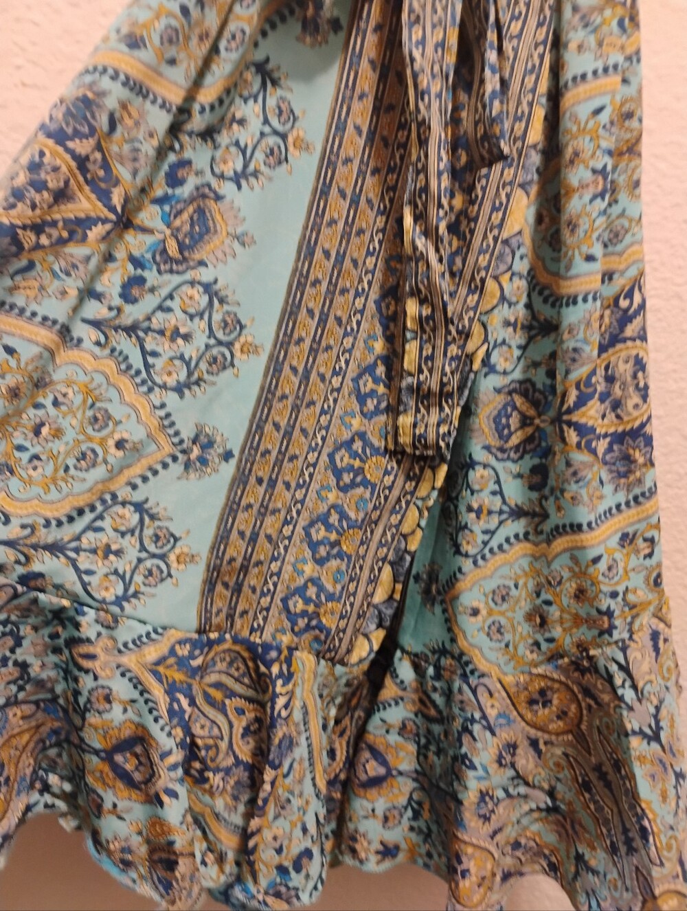 Cienna Silk Vintage Sheer Paisley Wrap Dress - Teal & Brown Size Small - Picture 6 of 10